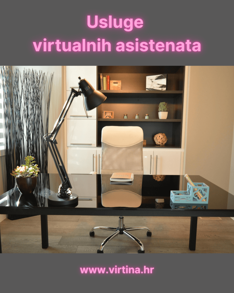 Naslovnica priručnika Usluge virtualnih asistenata koja prikazuje ured sa radnim stolom, stolicom, svjetiljkom, biljkom, rokovnikom i posudom sa olovke