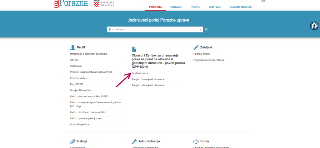 Prikaz sa aplikacije ePorezna gdje se vidi polje Dostavi obrazac