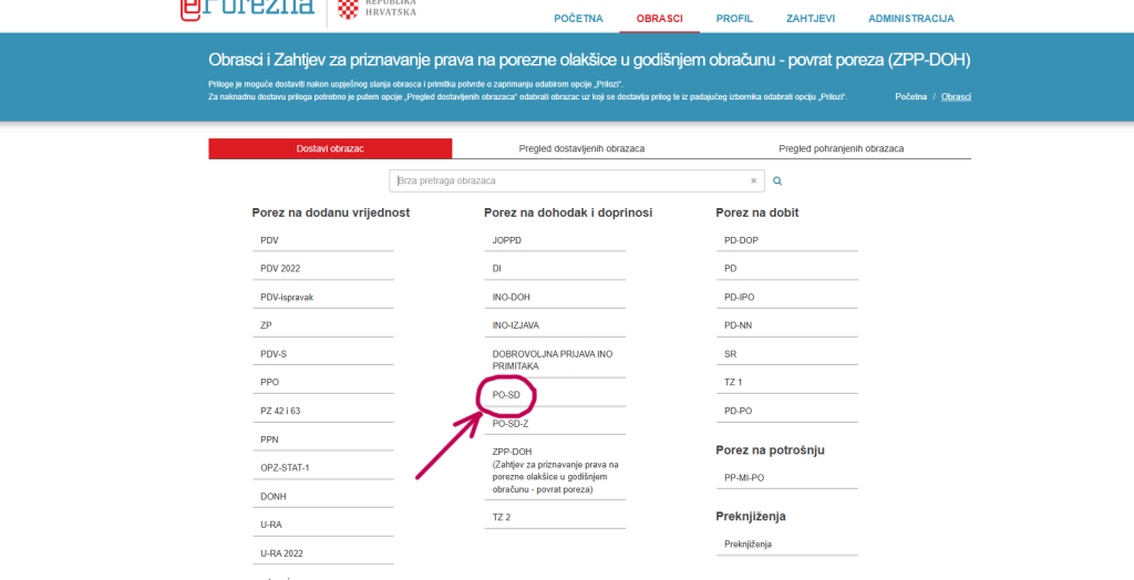 Prikaz sa aplikacije ePorezna gdje se vidi polje PO-SD obrazac