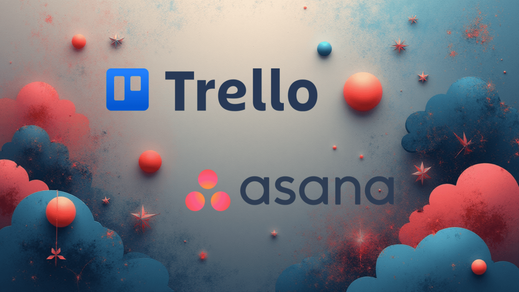 Apstraktna pozadina na kojoj se nalaze logotipi alata Trello i Asana